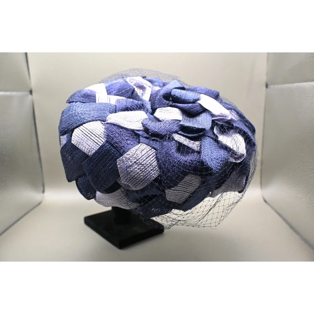 Vintage Navy Blue Silver Ribbon Hat Fascinator Netting Pillbox Cocktail Fashion